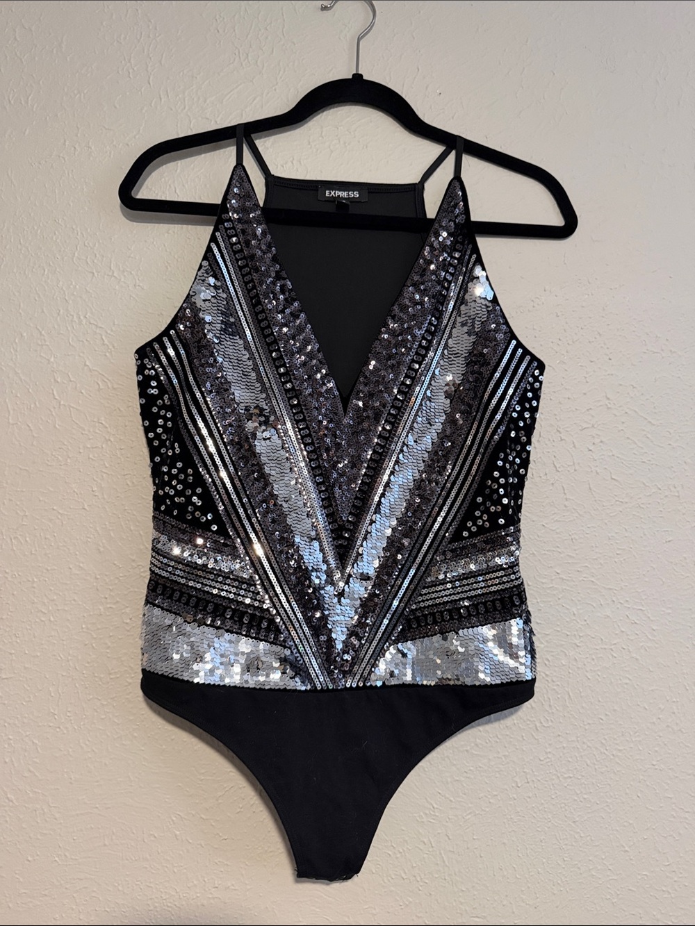 Express Black velvet with Silver Sequin V-Front bodysuit